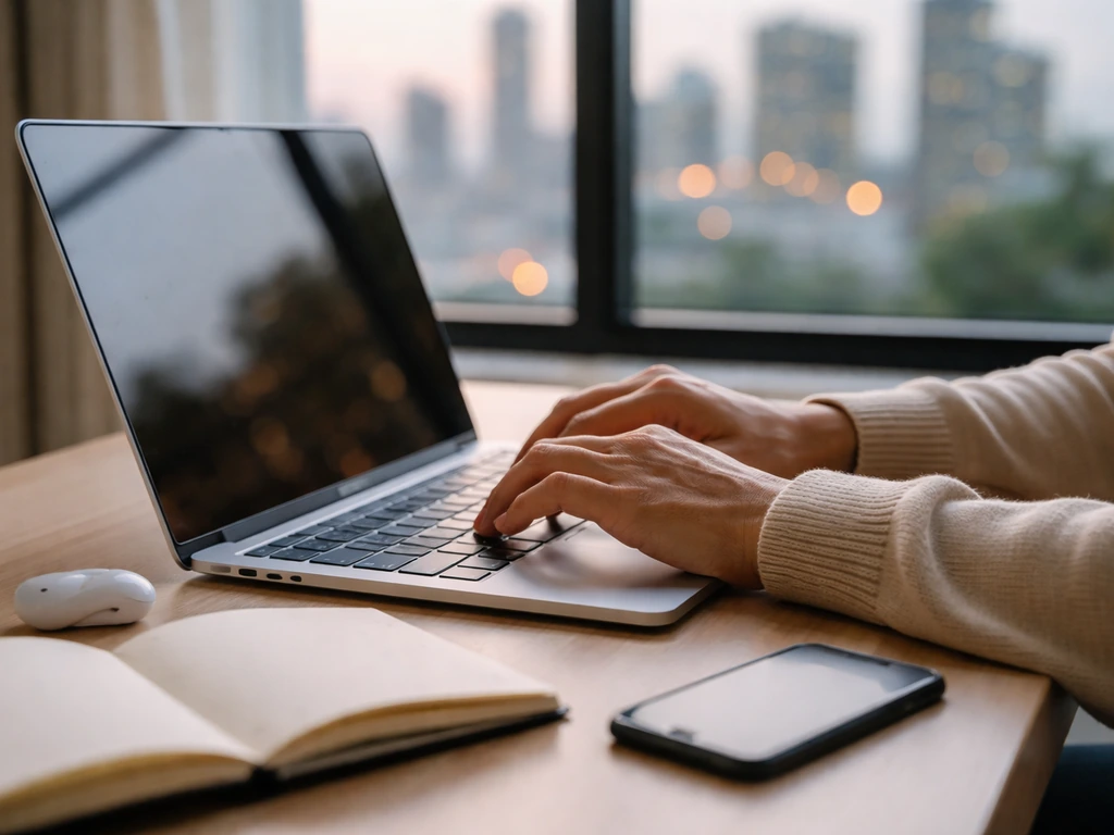 Minimal photo of a modern desk setup with a blurred city skyline, symbolizing ad-tech wealth and business analysis.