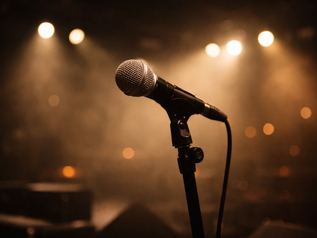 Mandopop singer’s live concert stage with a microphone and warm lights in a quiet, minimal scene