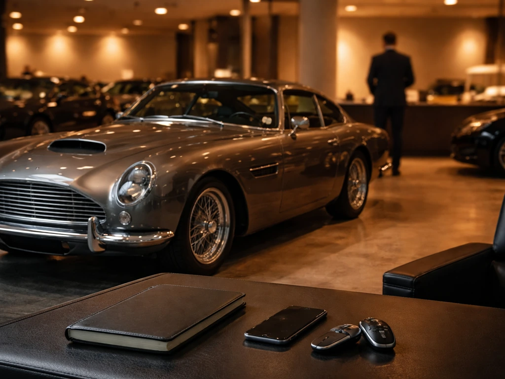 Luxury car showroom scene with a polished exotic car and business items on a desk, no people shown clearly