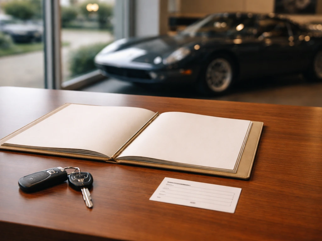 Minimal scene of an exotic car dealership desk with keys and paperwork suggesting deal margin and asset value.