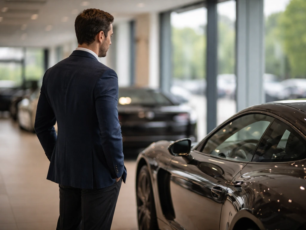 Tailored business man beside a polished luxury car in a quiet high-end showroom.