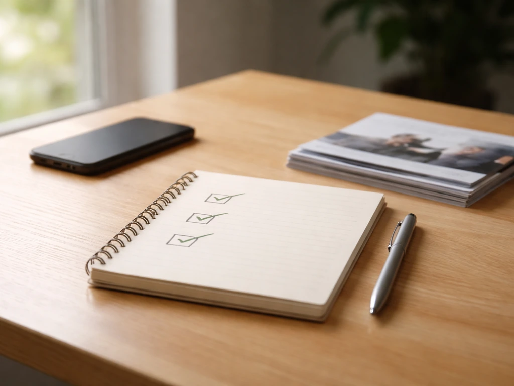 Minimal desk scene with a blank checklist, smartphone, and business brochures under natural light.