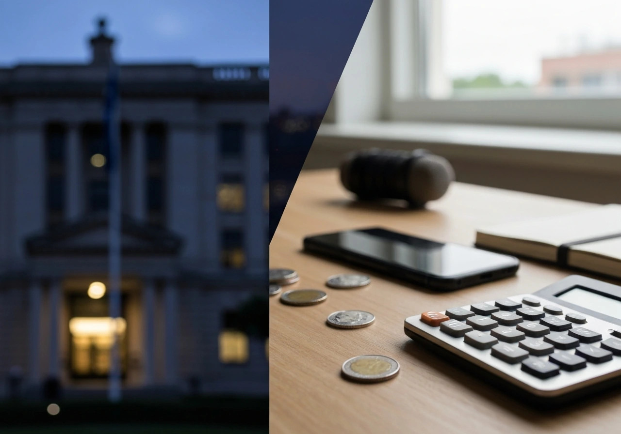 Minimal split-style finance scene with a calculator, coins, and blurred city lights suggesting politics and personal fin