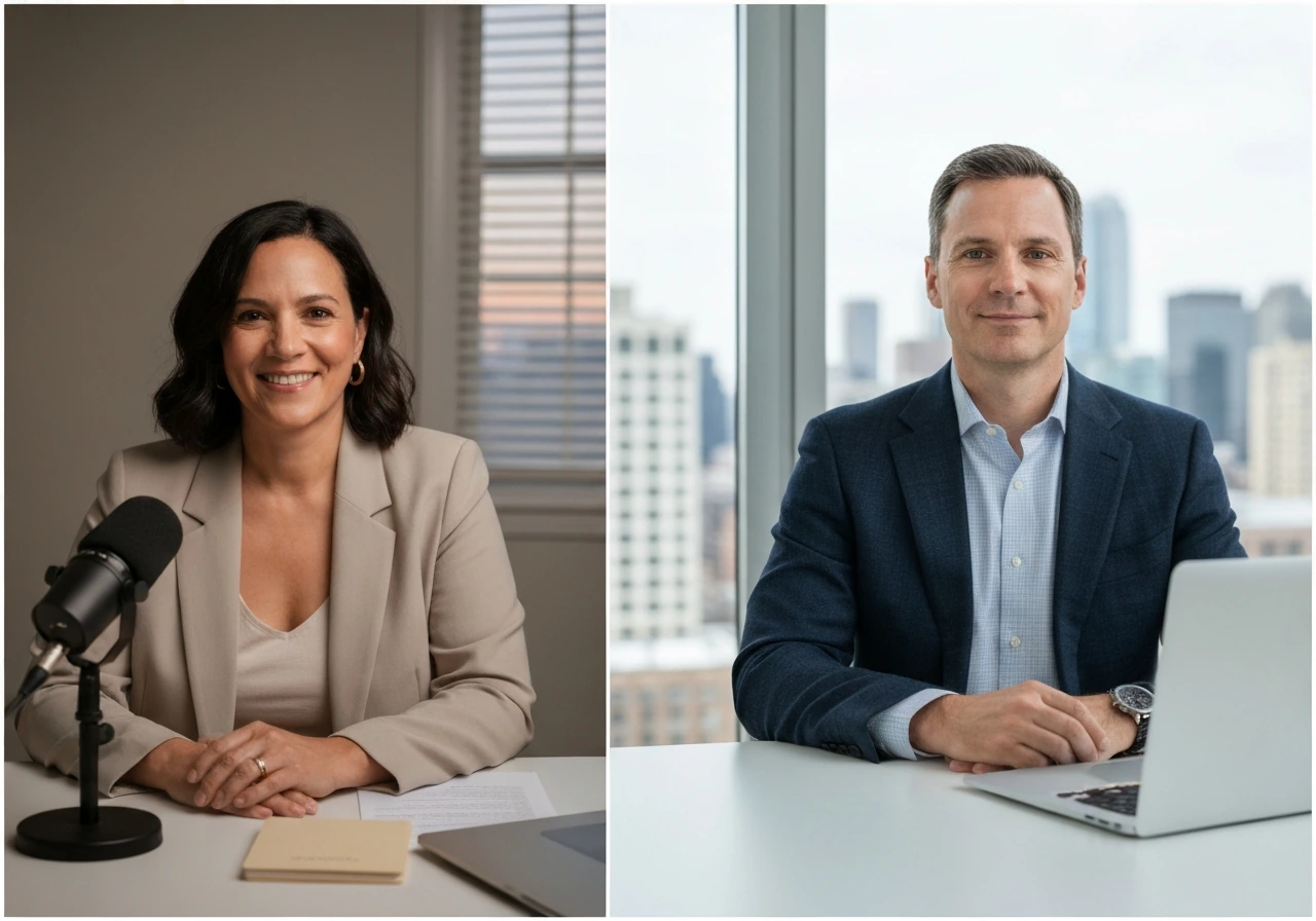Two side-by-side candid photos: a woman at a podcast desk and a man in an office by a window.