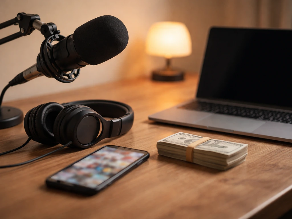 Anonymous podcast desk with microphone, headphones, and blurred phone content suggesting finance media wealth.