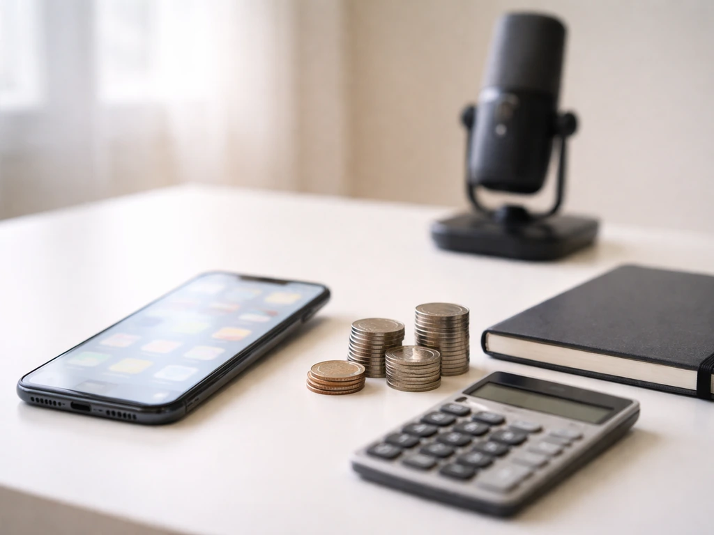 Minimal scene with a smartphone, calculator, and small stacks of coins symbolizing influencer income drivers.