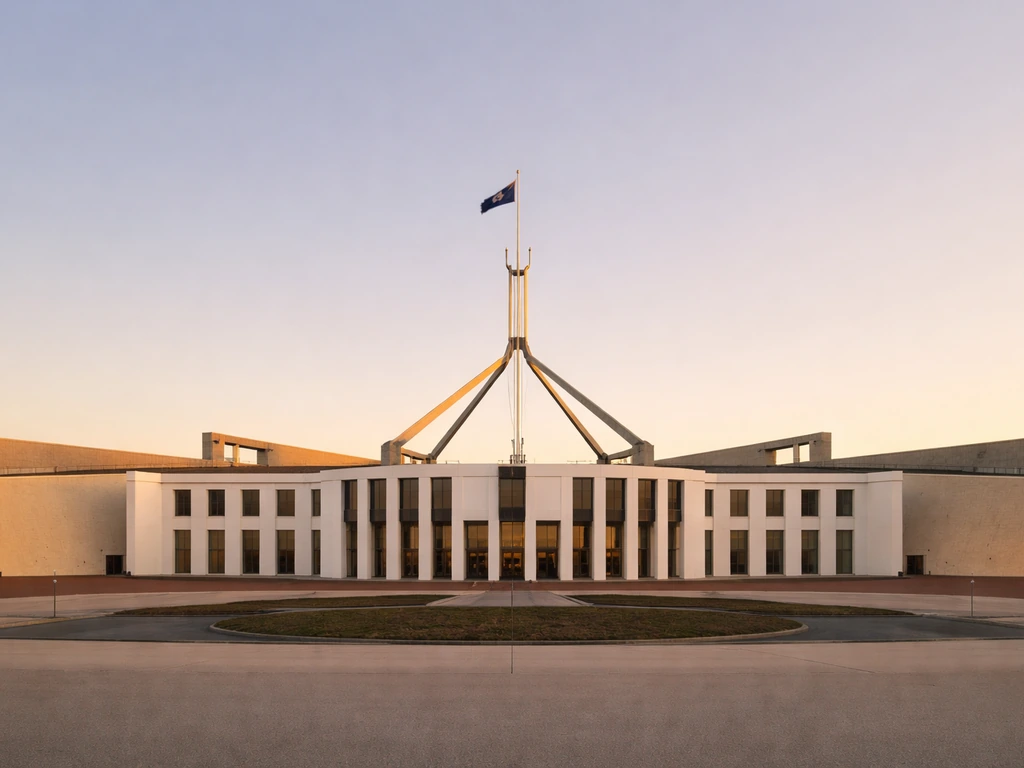 Parliament House exterior in Canberra, empty courtyard, warm golden-hour light.