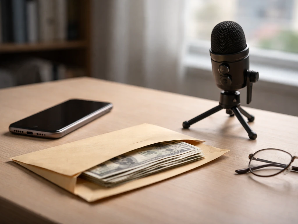 Minimal desk scene with a microphone and cash envelope, symbolizing net worth disambiguation without showing a person.