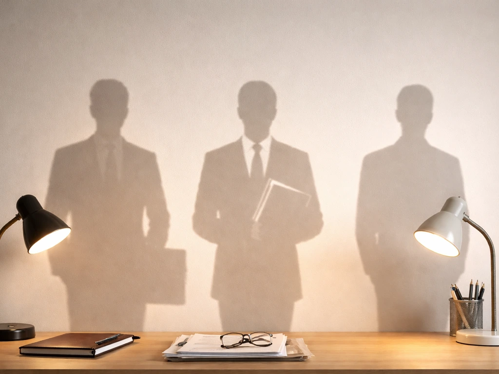 Three anonymous shadow silhouettes on a neutral wall, cast by small lamps, symbolizing different Victor Crawford identit