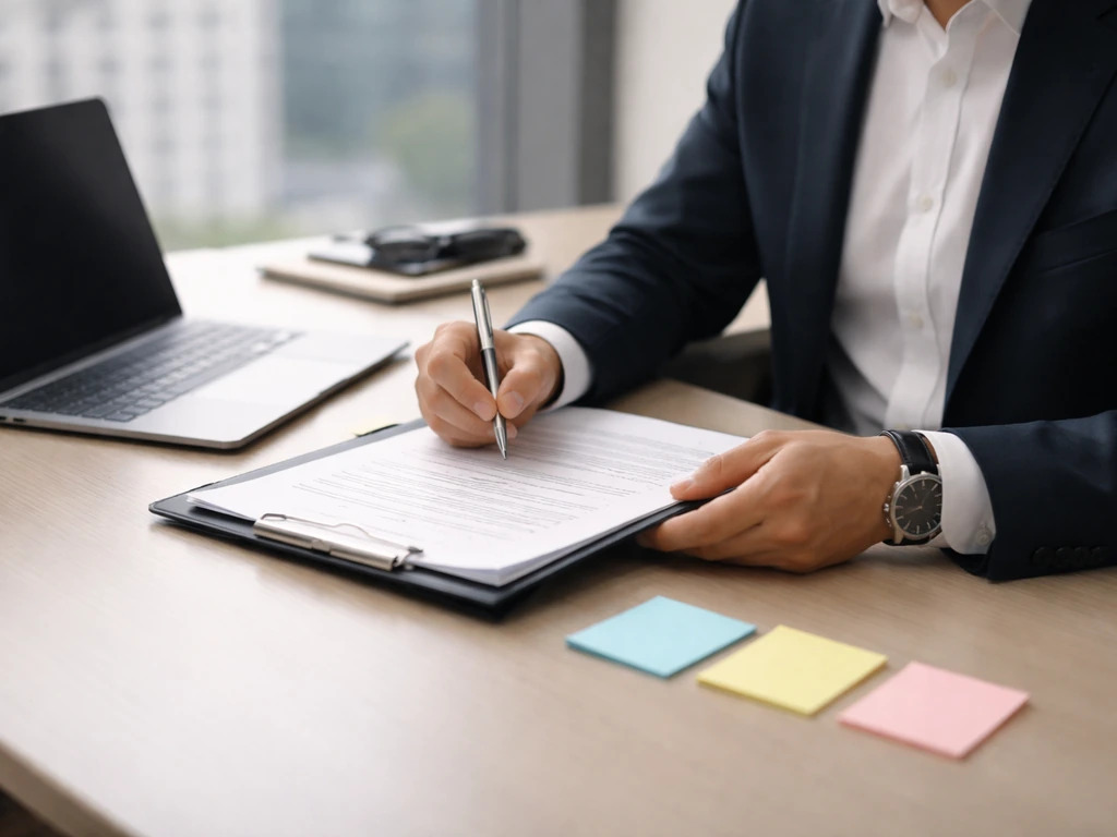 An anonymous executive at a desk reviewing compensation documents with a laptop and pen