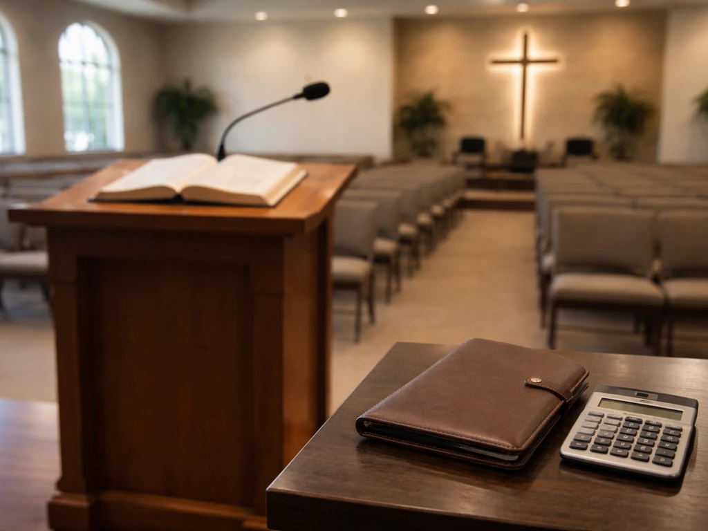 Empty church sanctuary with pulpit, microphone, and a small portfolio symbolizing ministry finance context.