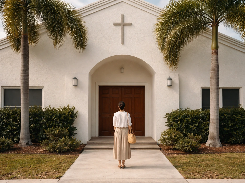 Person standing at an empty church entrance walkway with Miami-style architecture and subtle cross motif