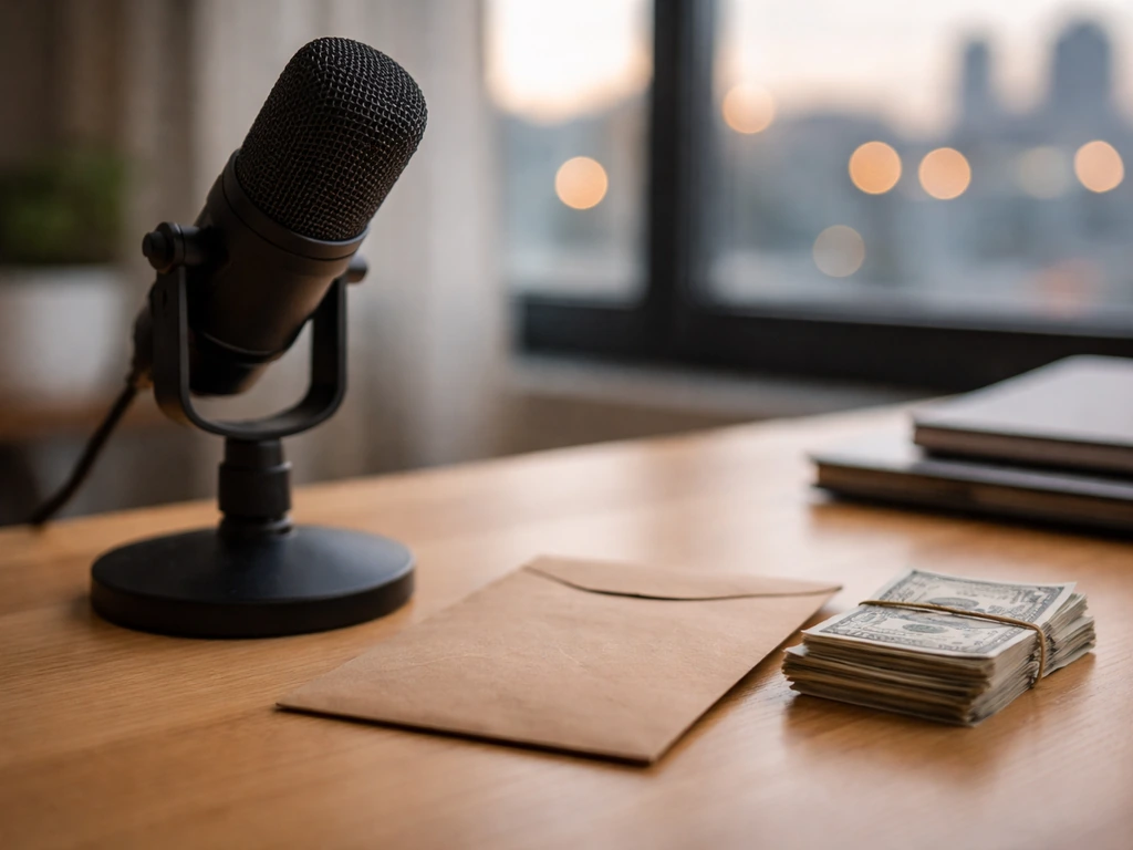 Minimal office scene with a microphone and cash envelope, symbolizing pastor income streams and media work