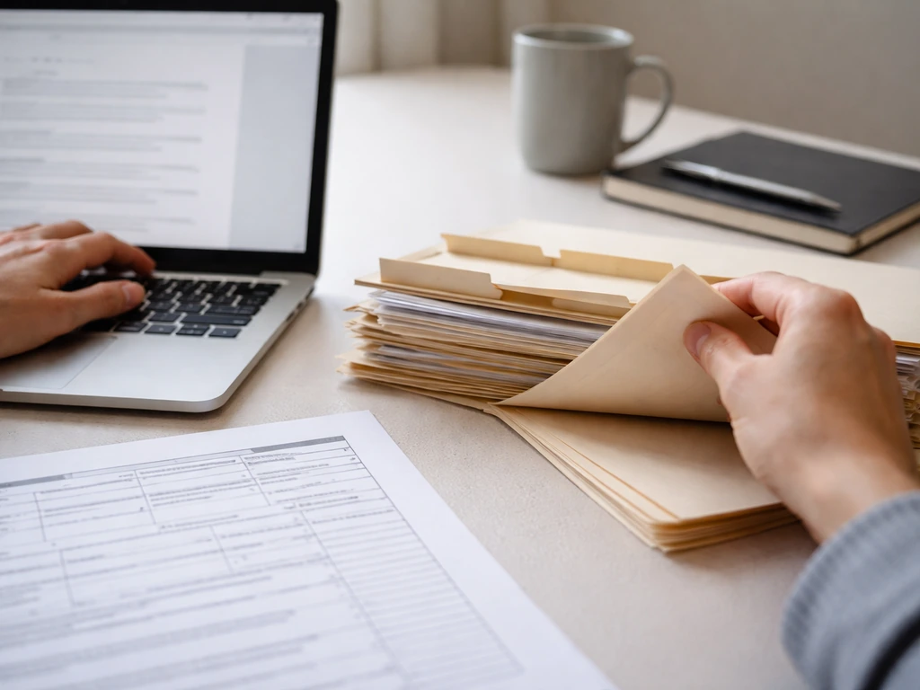 Close-up of a laptop displaying blank pages and a Form 990-style document stack beside a notebook