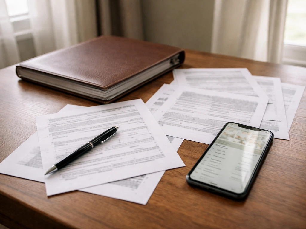 Neutral desk scene with public-record papers, a binder, and a smartphone implying net worth research context