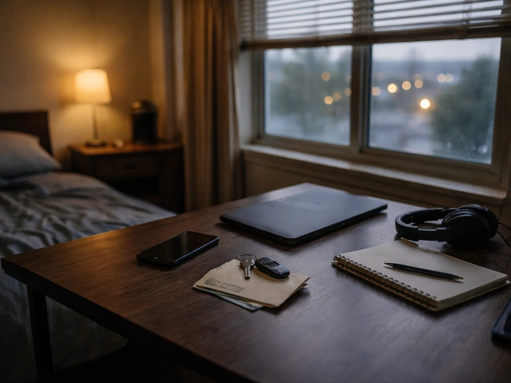 Minimal documentary scene: desk with smartphone and cash envelope by a Sacramento window, no people.