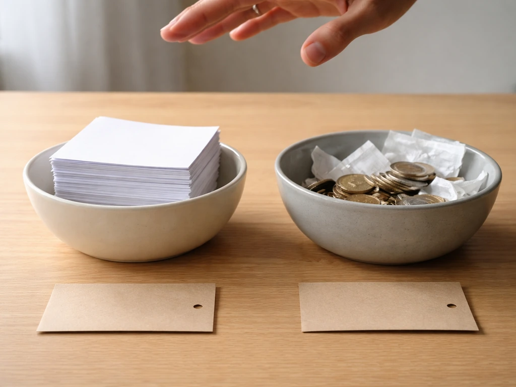 Minimal wooden table with two unlabeled bowls: blank papers vs coins and blank receipts, symbolizing confirmed vs likely