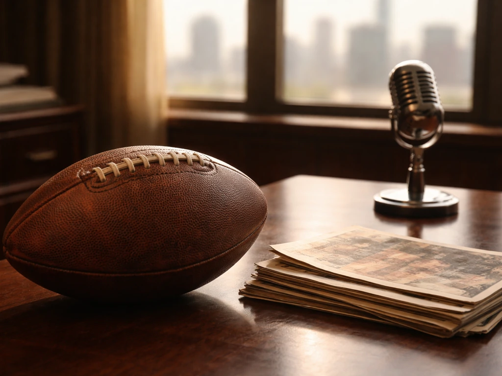 Vintage football on a desk next to a microphone and sports magazines in a quiet office setting.
