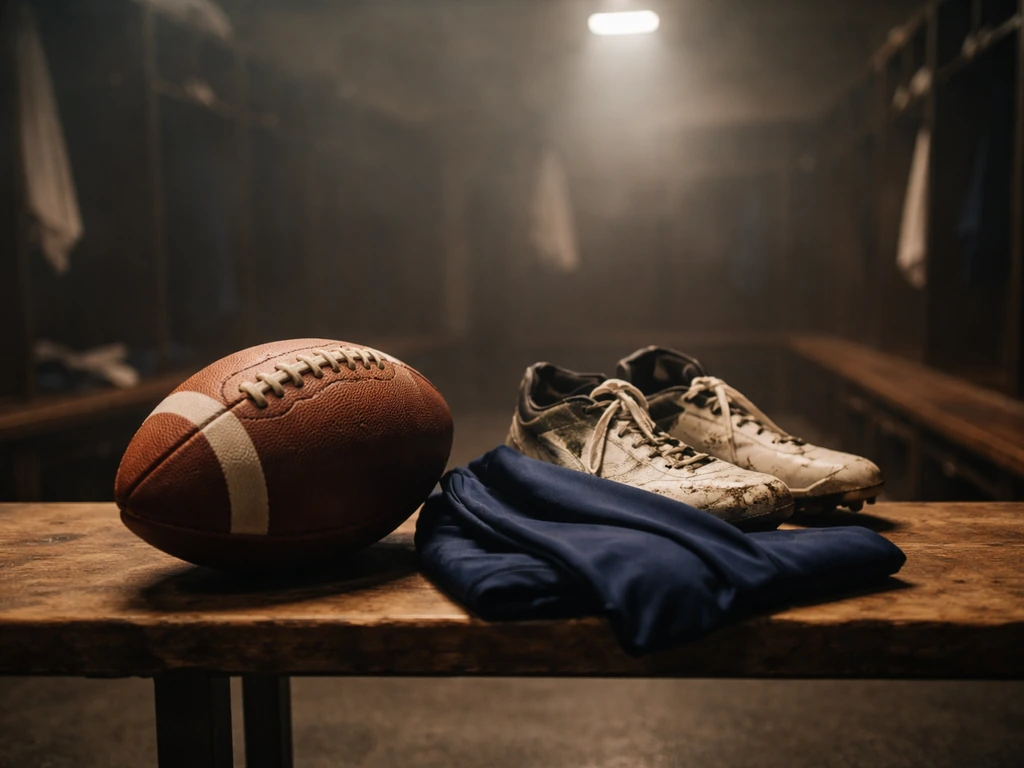 Empty locker room scene with a football, worn cleats, and folded jersey symbolizing an NFL career era.