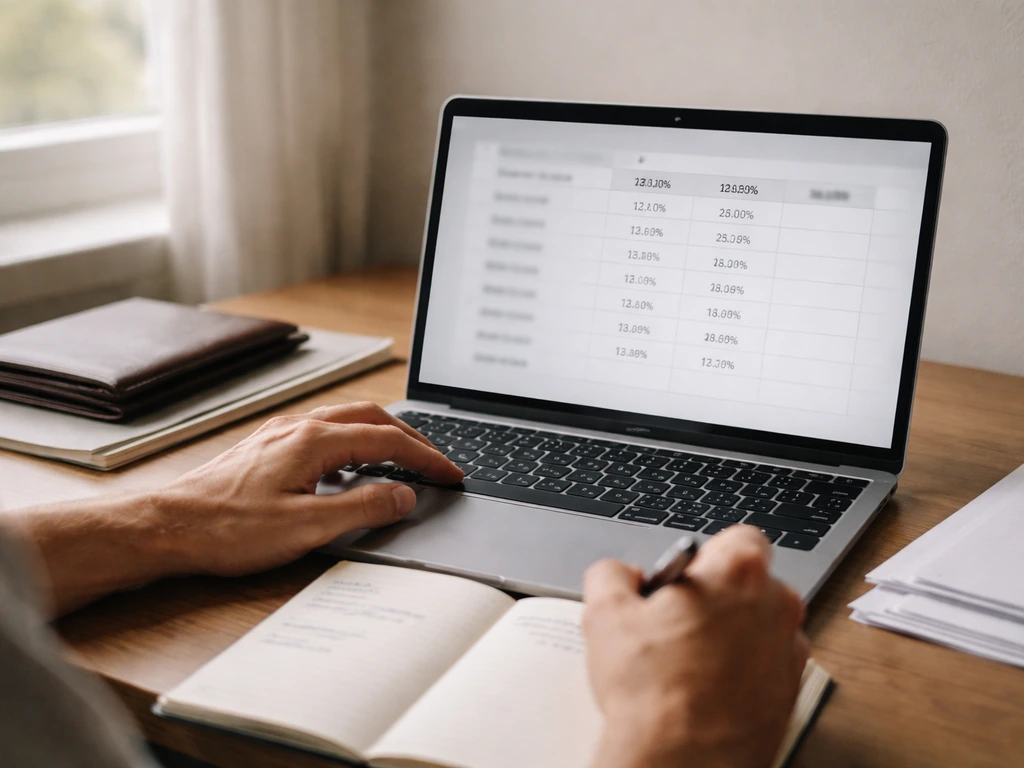 Hands reviewing a simple fee-range table on a laptop next to a notebook and pen in a quiet office.