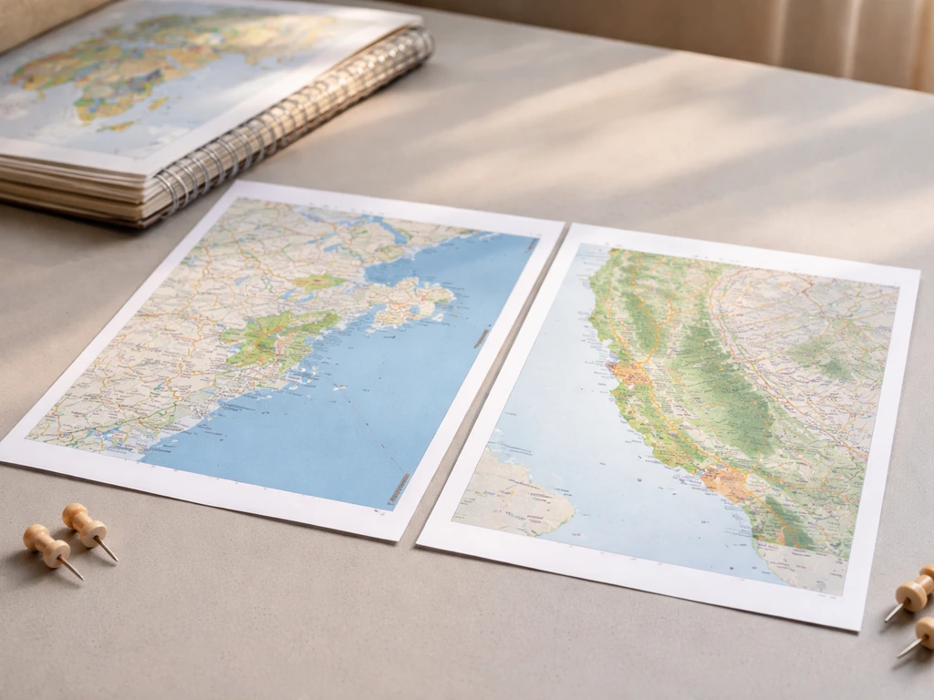 Minimal desk with two unlabeled map sheets showing Boston-area Massachusetts and California pins.