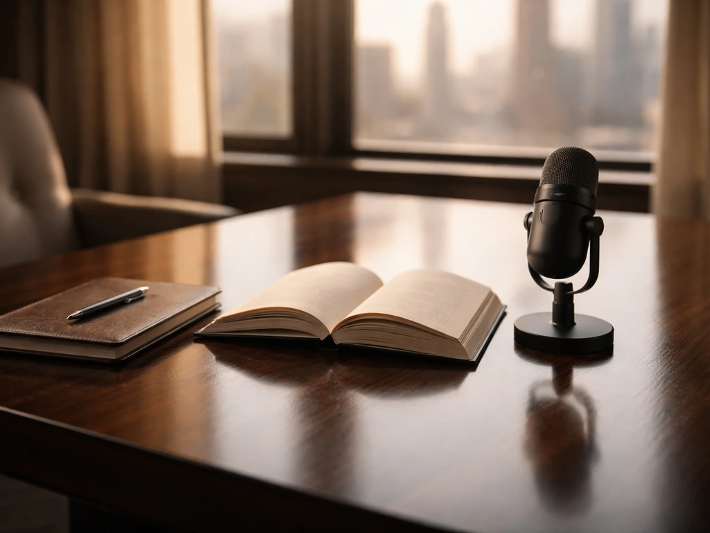 Luxury desk with open book, leather notebook, and microphone in warm natural light, city view background.