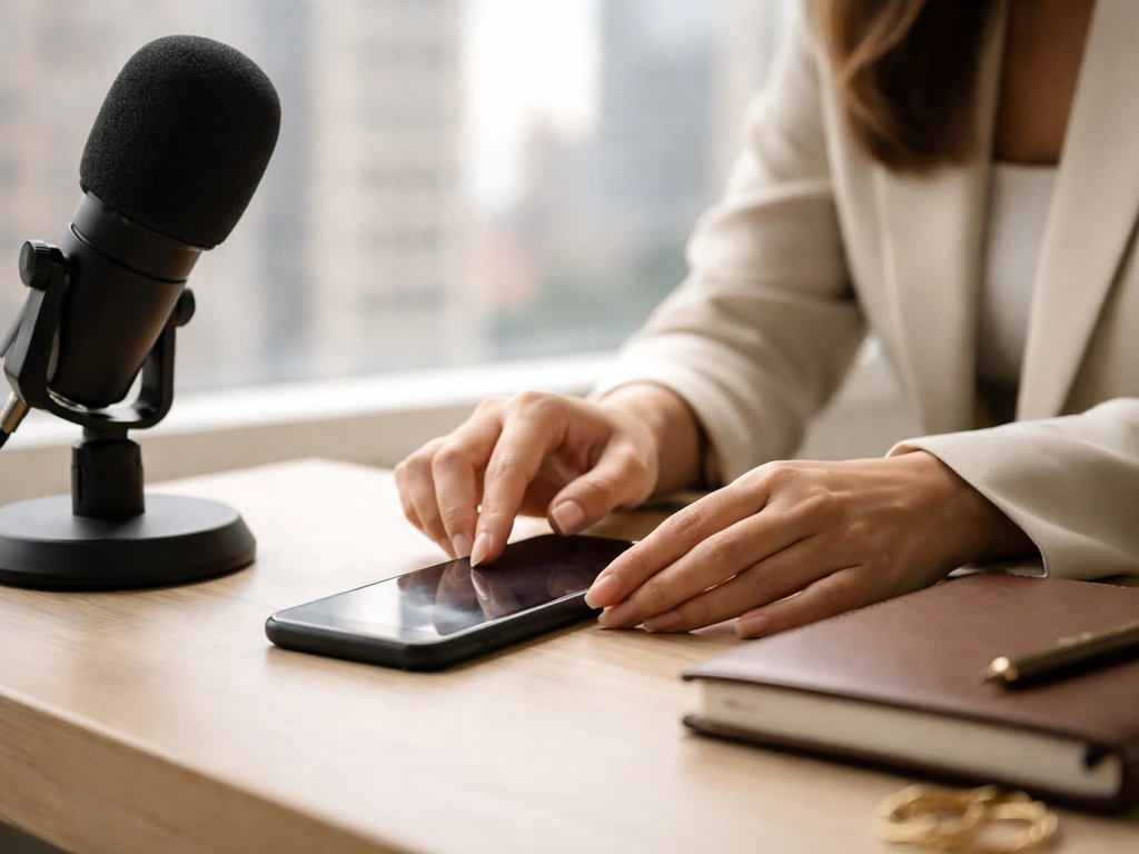 Anonymous media desk scene with a smartphone and microphone near a window, symbolizing business and marriage coverage.