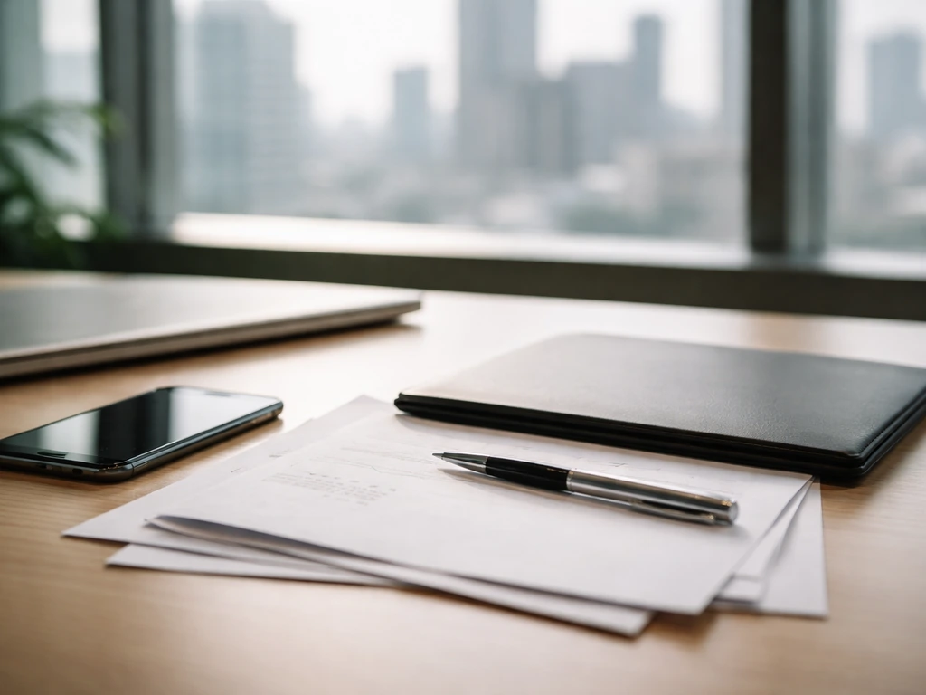 Minimal finance office scene with blurred documents and a smartphone on a desk, suggesting private equity work