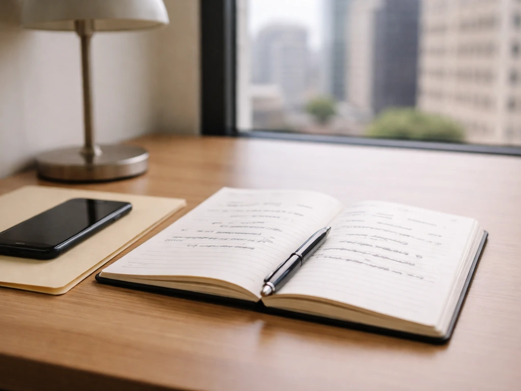 Minimal desk scene with blank notepad, smartphone, and a folder suggesting source transparency and evidence review.