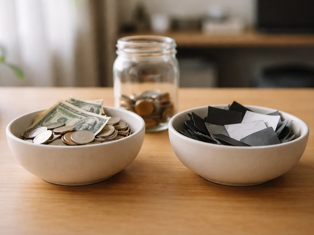 Minimal desk scene with coins in one bowl and small sealed envelopes in another, symbolizing assets vs liabilities.