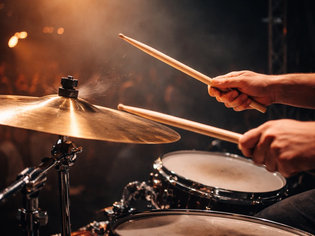Close-up of a drummer’s hands hitting cymbals under warm stage lights on a live concert stage