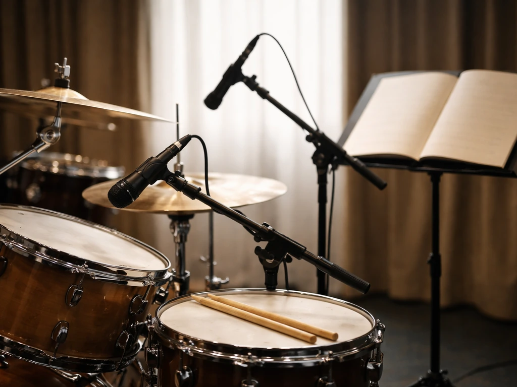 Close-up of a drum kit with microphones and blank music stand in a quiet clinic setup.