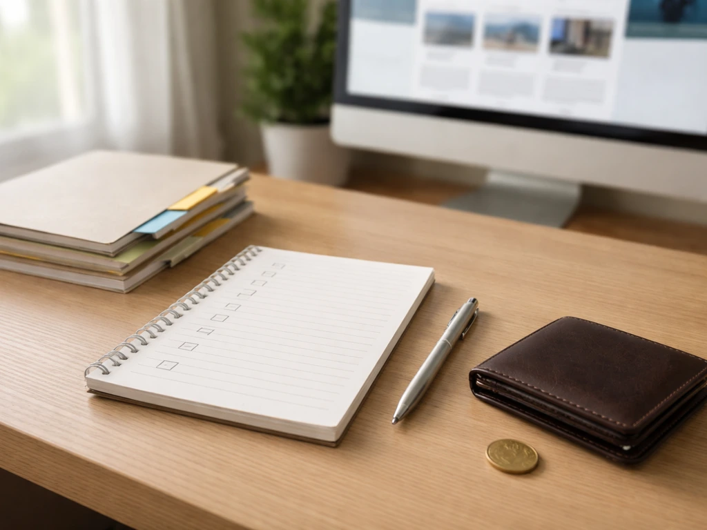Minimal desk scene with a blank checklist page, pen, folders, and wallet for verifying net worth estimates.