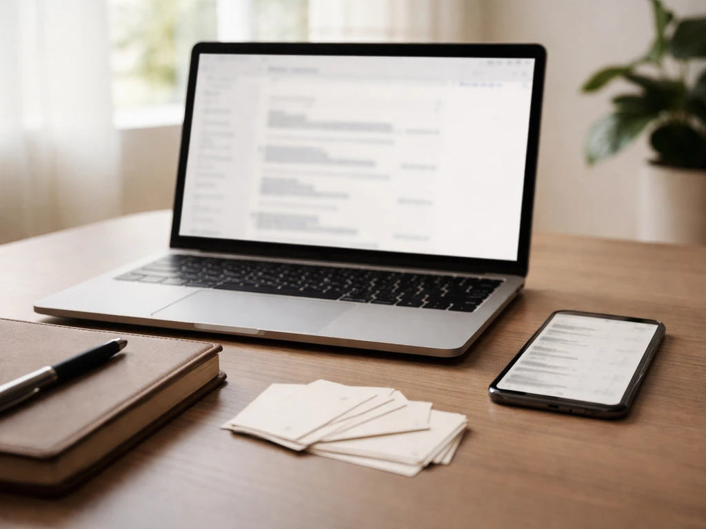 Minimal home office desk with laptop and phone, blurred screens suggesting identity verification cues.