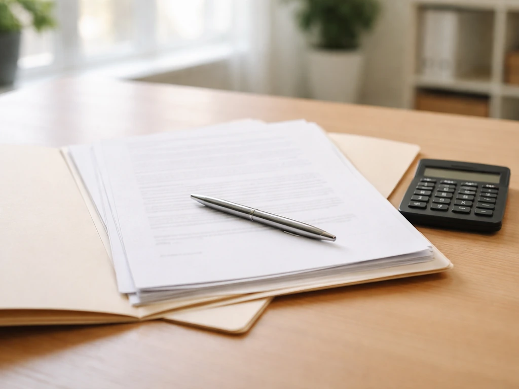 Sunlit desk with printed contract pages and a calculator, symbolizing public contract earnings breakdown.