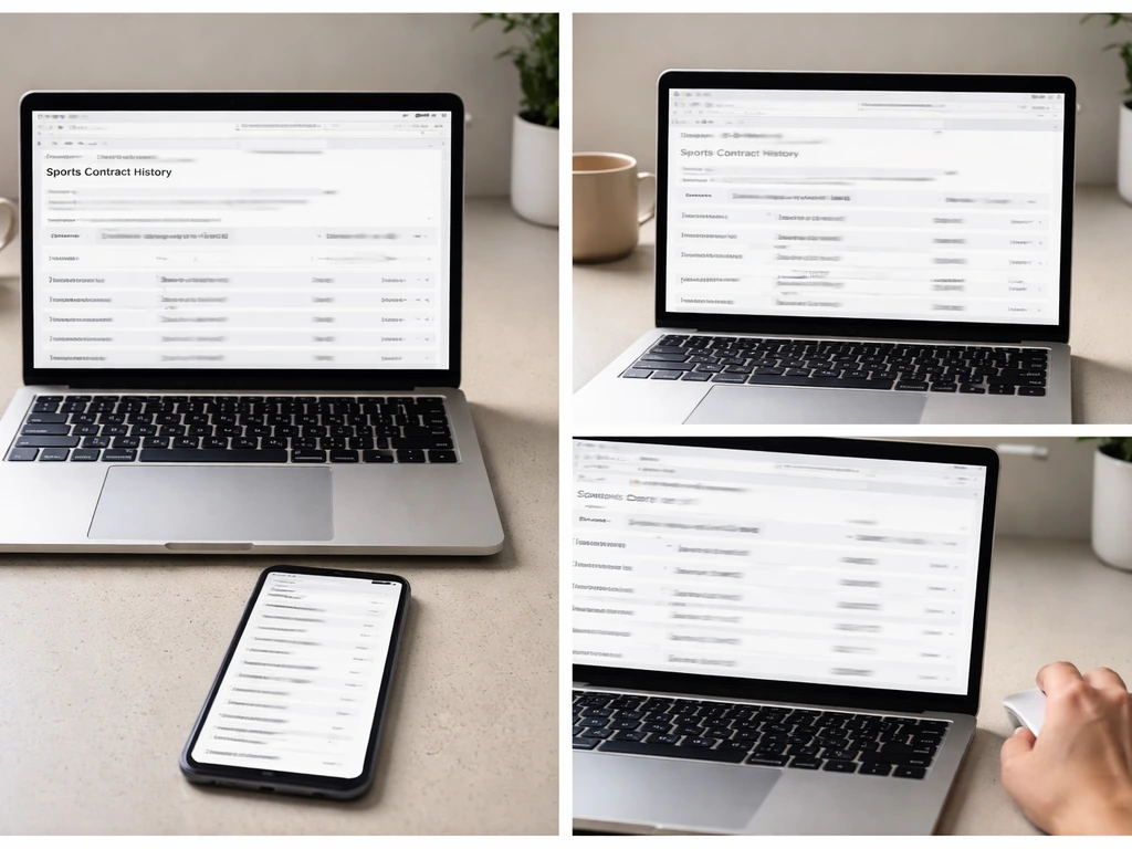 Minimal desk scene showing laptop and phone used to search and cross-check a blurred contract history page.