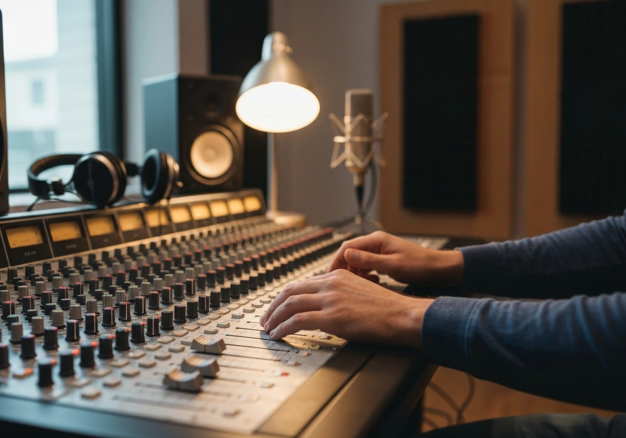 Music industry executive vibe: anonymous producer at a studio mixing console with cash-free, money-adjacent cues