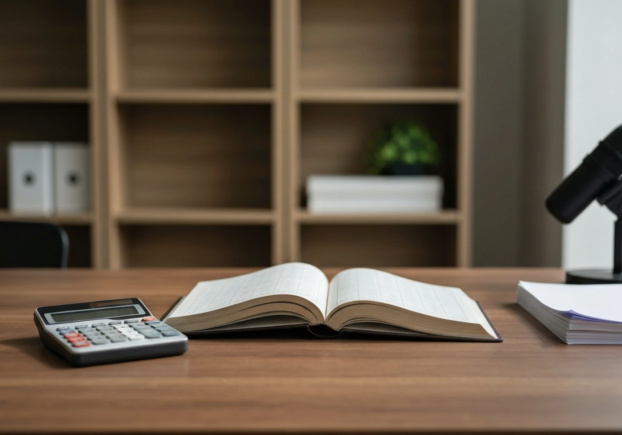 Open ledger and calculator on a wooden desk, suggesting verified vs inferred net worth analysis.