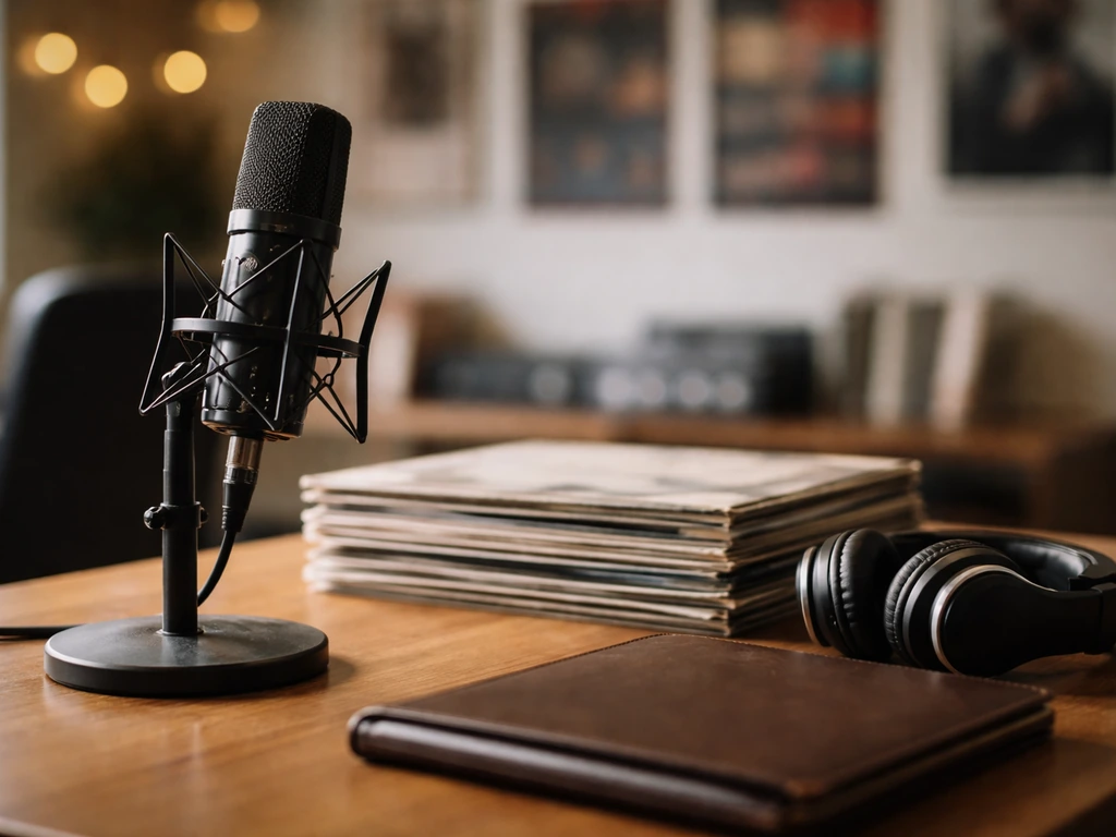 Music-industry office desk with a microphone and vinyl record, symbolizing record executive wealth