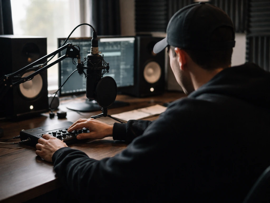 Anonymous producer in a music studio adjusting a microphone and audio controls to evoke a record executive.