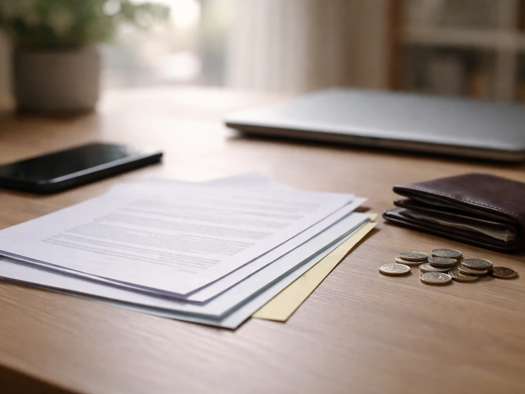Minimal desk scene with scattered papers showing different net worth estimates on a money theme, emphasizing disagreemen