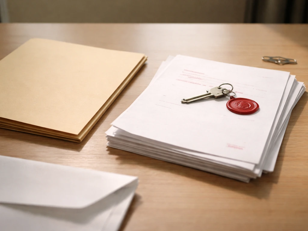Minimal desk scene with generic tax-lien style documents and a folder symbolizing unpaid debts