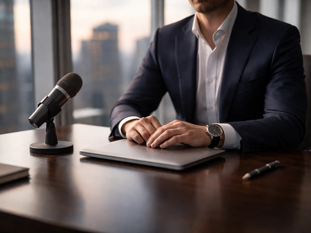 Anonymous finance executive at a modern office desk with a microphone, symbolizing asset management.
