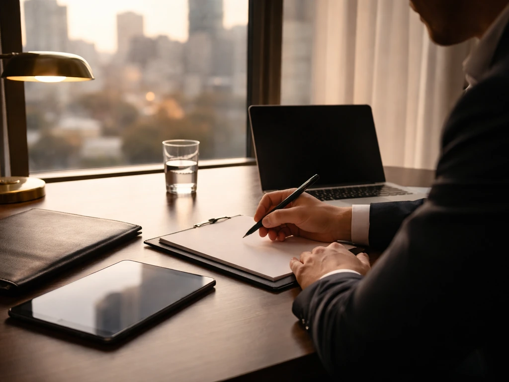 Anonymous professional reviewing finance materials in a modern office with city views through a window.