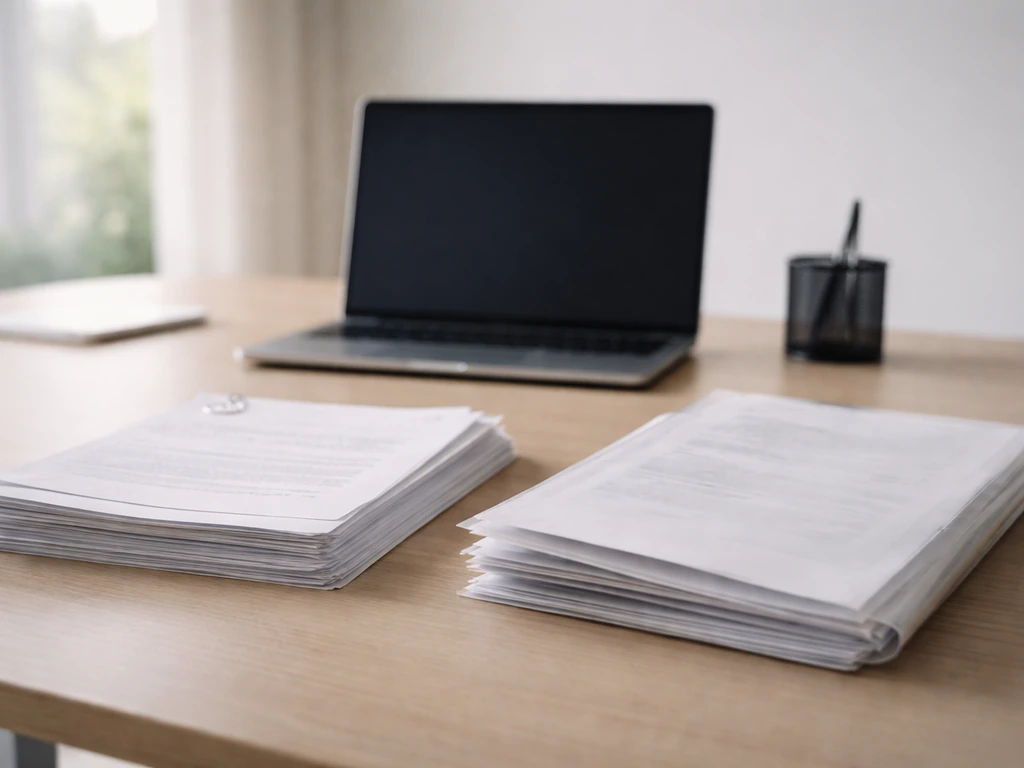 Minimal desk scene with scattered financial documents and a laptop, symbolizing verified filings vs estimates