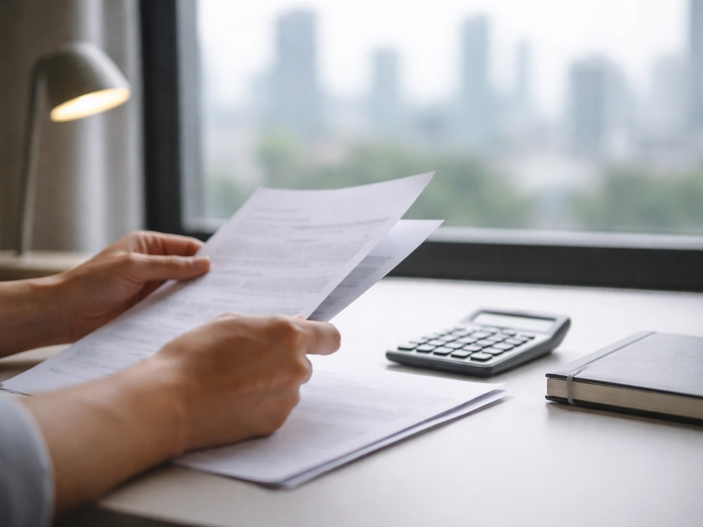 Minimal photo of a person in a quiet office reviewing financial documents and a calculator under natural light
