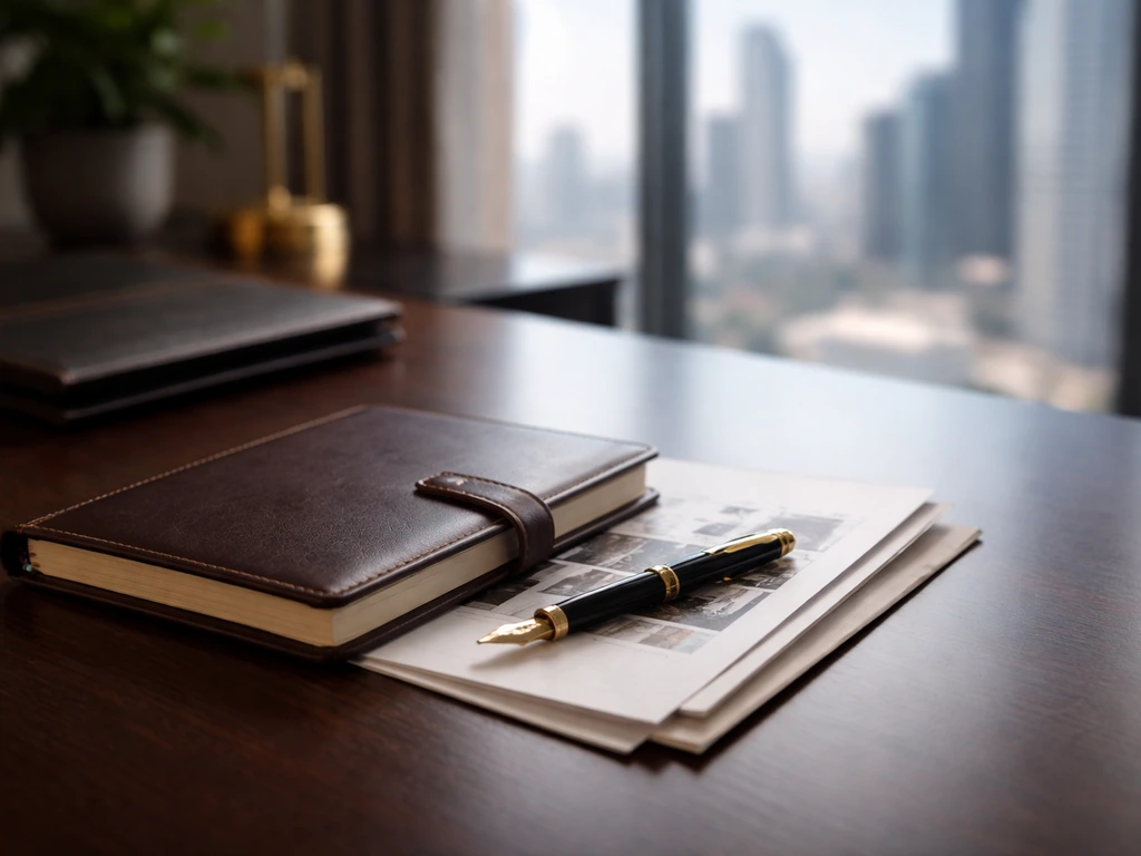 Minimal real-estate executive desk scene with documents, pen, and blurred city skyline in window light
