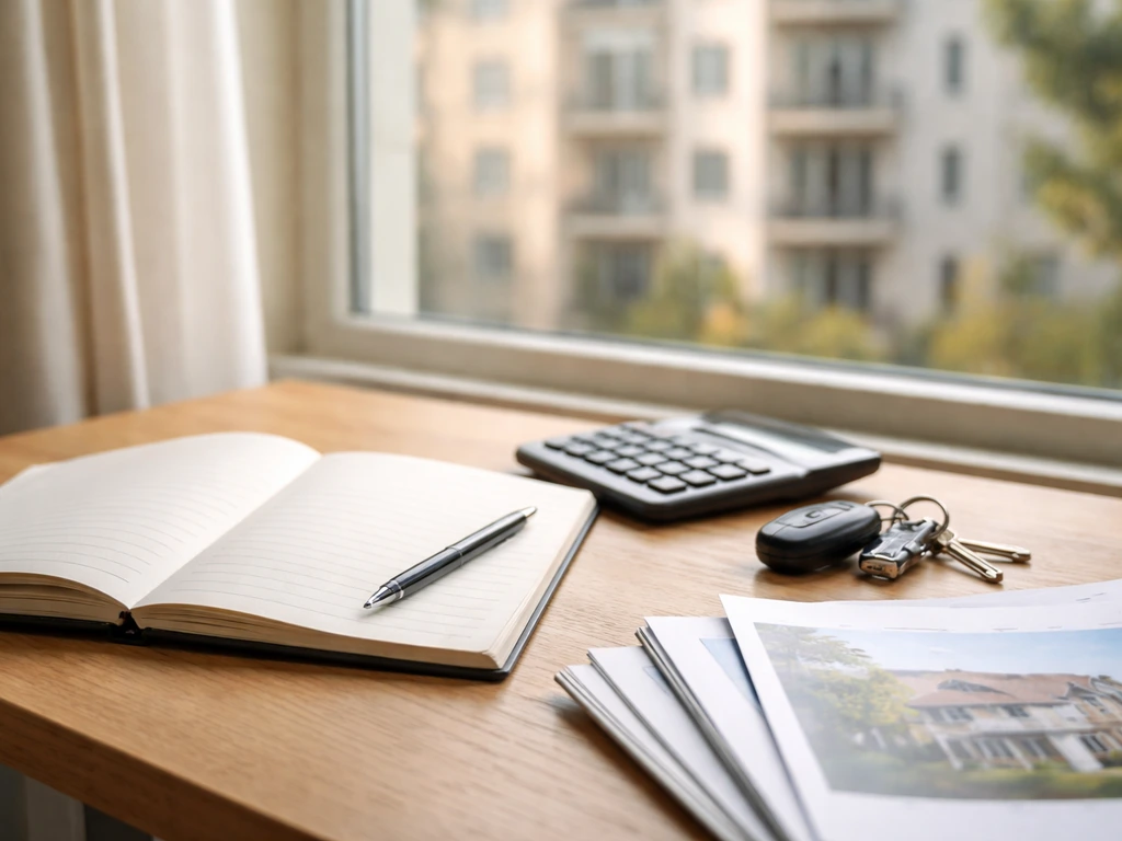 Calculator and appraisal documents on a desk near a window with a blurred upscale apartment building