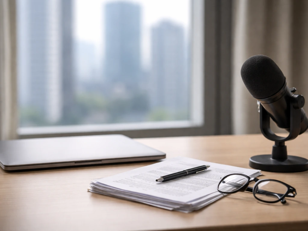 Minimal office scene with a laptop, documents, and a blurred world skyline symbolizing tech executive profiles