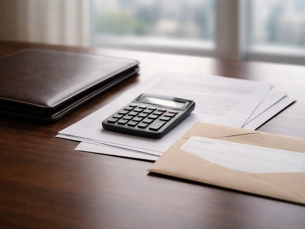 Minimal photo of a tidy desk with a calculator, scattered business documents, and a check in soft light.